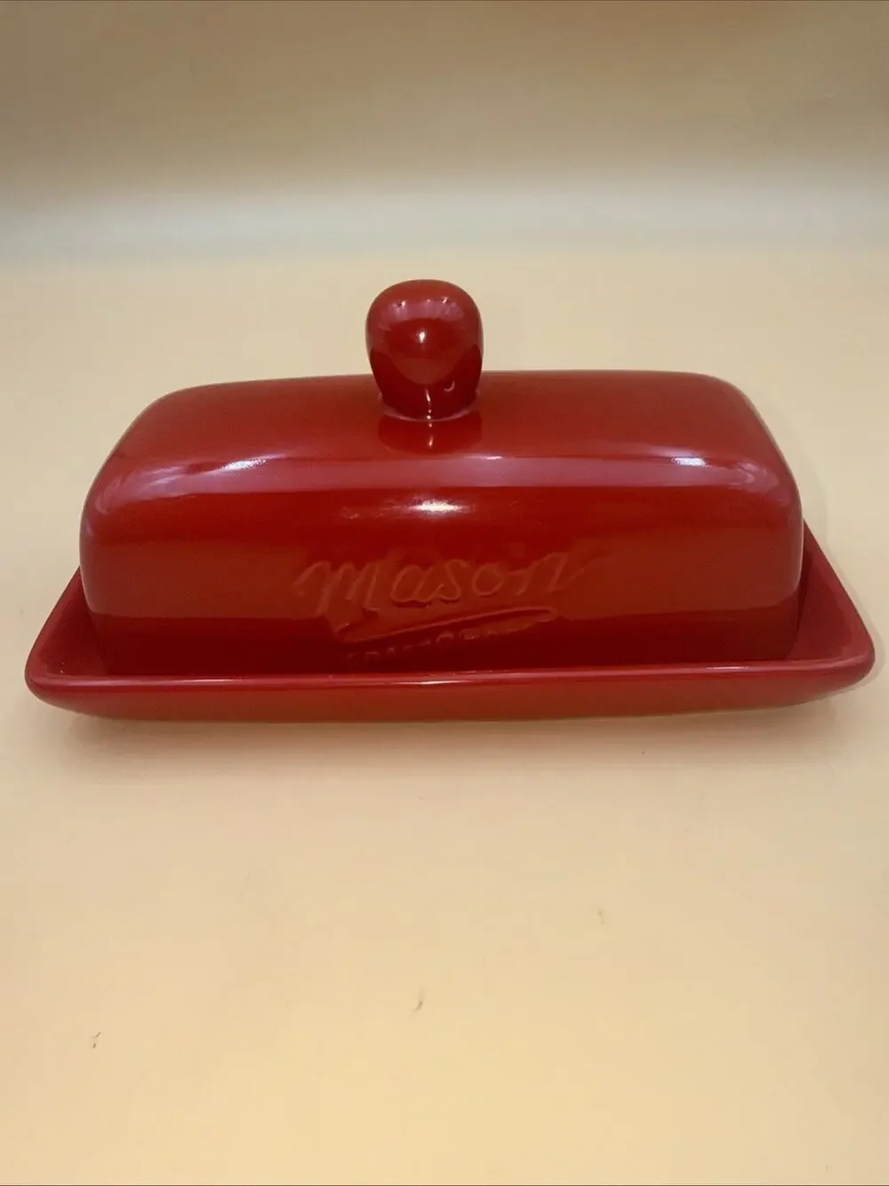 Mason Craft & More Red Ceramic Butter Dish with Lid Bright Red Excellent 7.25